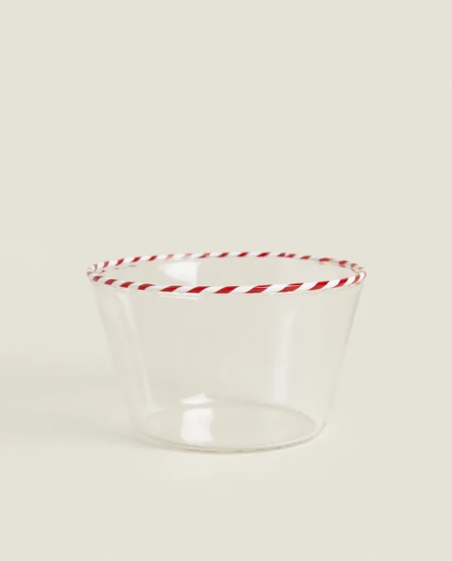 ZARA Home Borosilicate Glass Bowl With A Candy Cane Trim