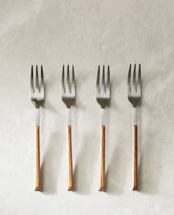 ZARA Home Box 4 Brunch Forks With Wood Pattern Handle