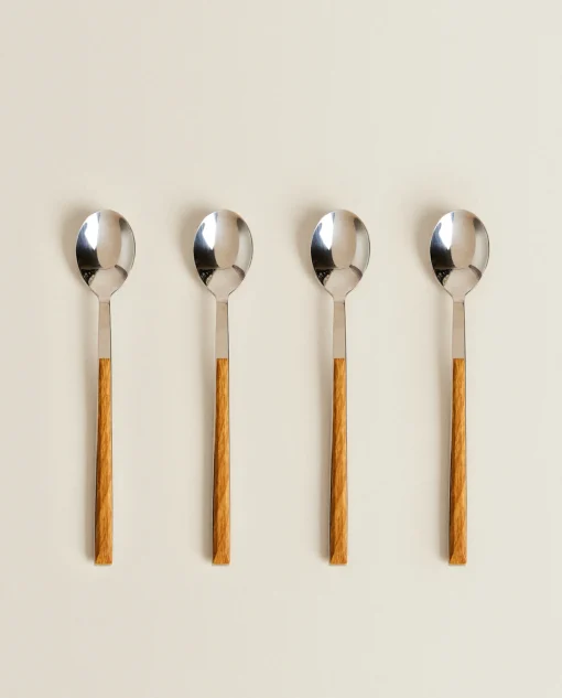 ZARA Home Box Of 4 Dessert Spoons With Wood Pattern Handle