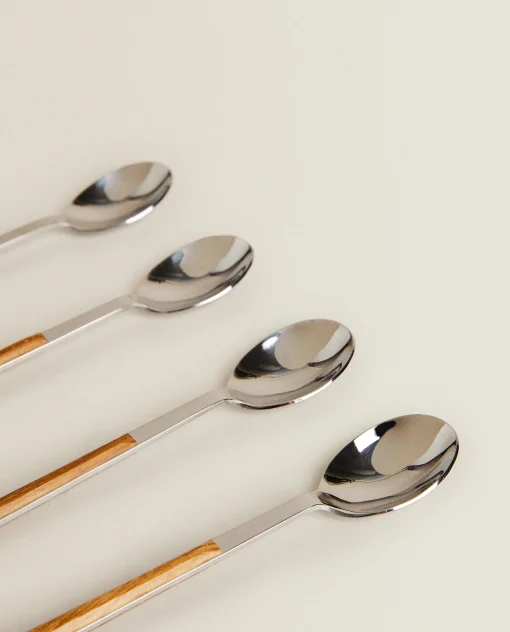 ZARA Home Box Of 4 Dessert Spoons With Wood Pattern Handle