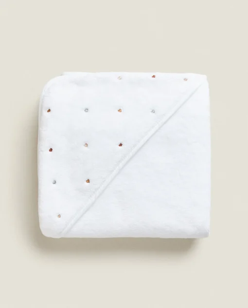 ZARA Home Hooded Baby Towel With Embroidered Hearts