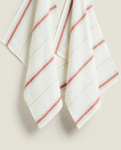 ZARA Home Waffle-Knit Cotton Kitchen Towel With Stripes (Pack Of 2)